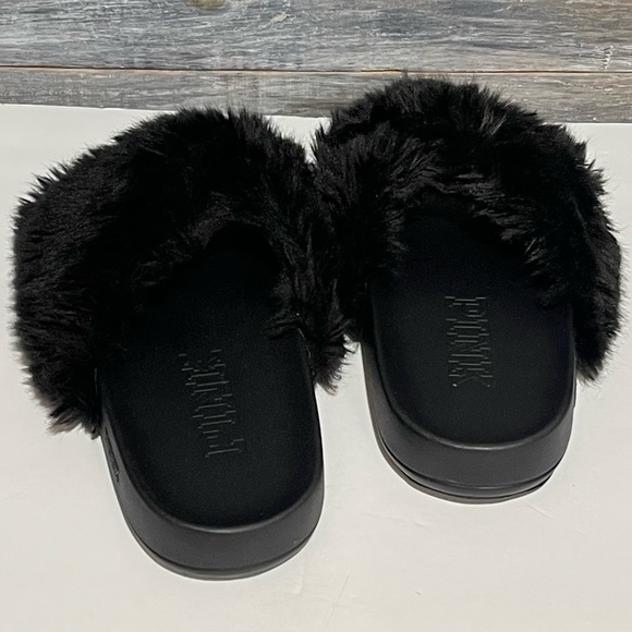 Pink Victoria’s Secret Black Fur Slides Sandals Slippers Size 7 / 8 - Picture 8 of 12